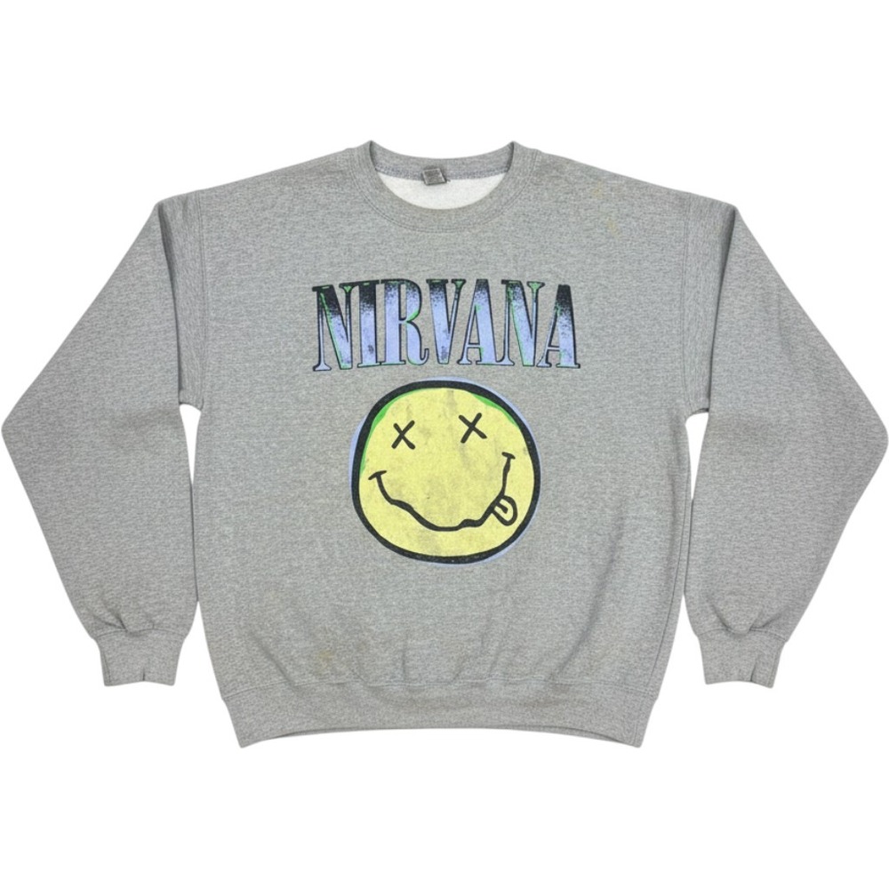 Nirvana Smiley Face Graphic Crewneck Sweatshirt Gray Gildan Heavy Blend Medium